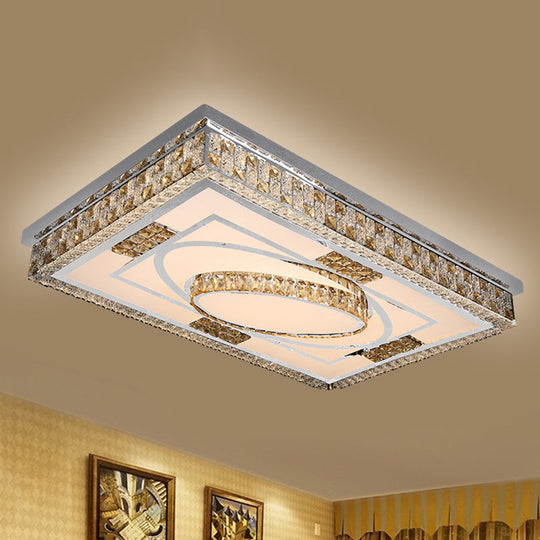 Modern Rectangular Led Ceiling Flush Light With Remote - Crystal Chrome Mounted Lamp