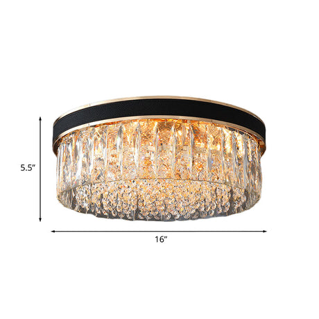 Modern Black Crystal 5-Light Drum Flush Mount For Bedroom Ceiling