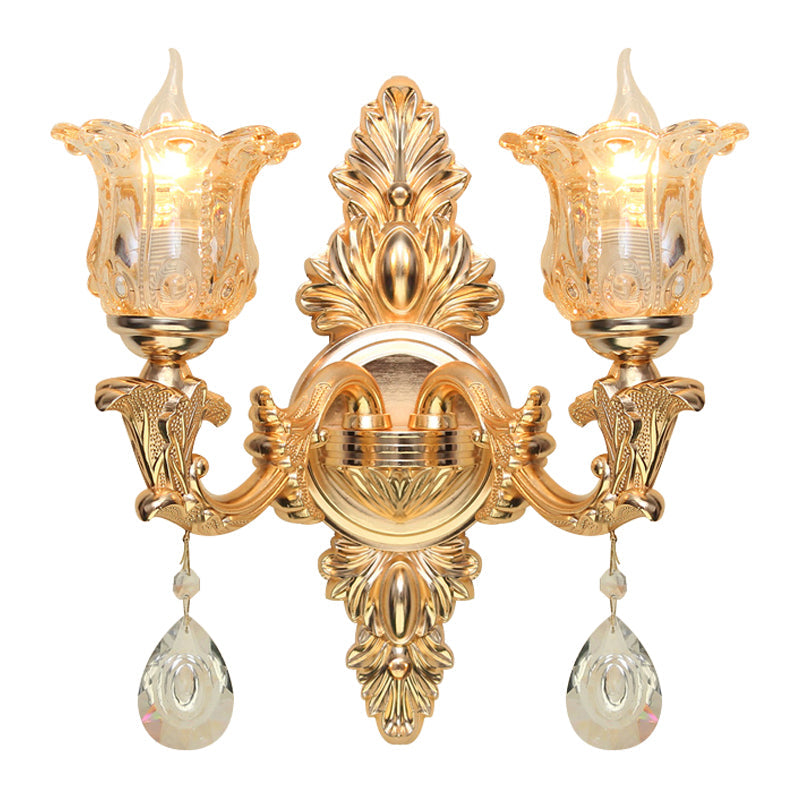 Antique Gold Bellflower Amber Glass Wall Lamp Kit With 2 Lights For Living Room Sconce
