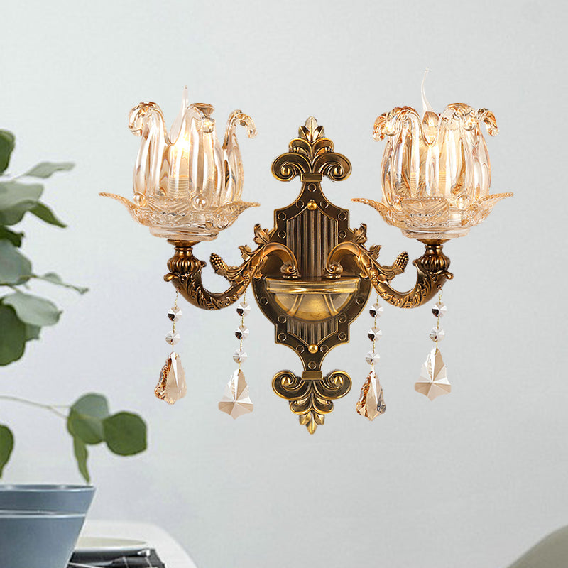 Traditional Brass Crystal Flower Wall Sconce For Hallway Half-Light And Antiqued Finish 2 /