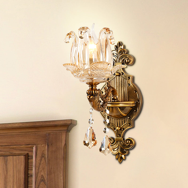 Traditional Brass Crystal Flower Wall Sconce For Hallway Half-Light And Antiqued Finish