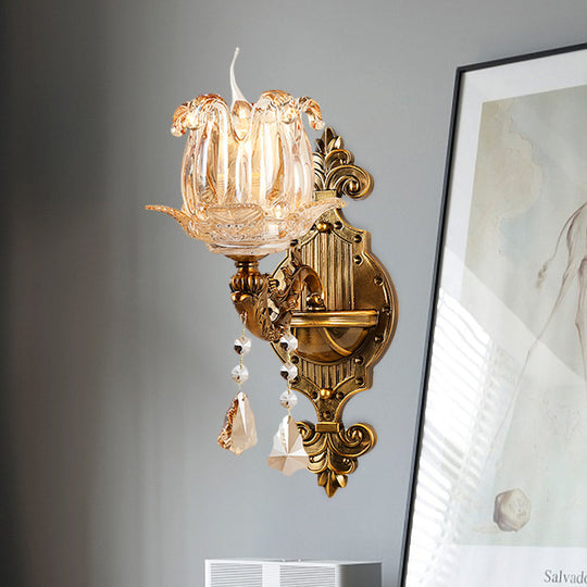 Traditional Brass Crystal Flower Wall Sconce For Hallway Half-Light And Antiqued Finish