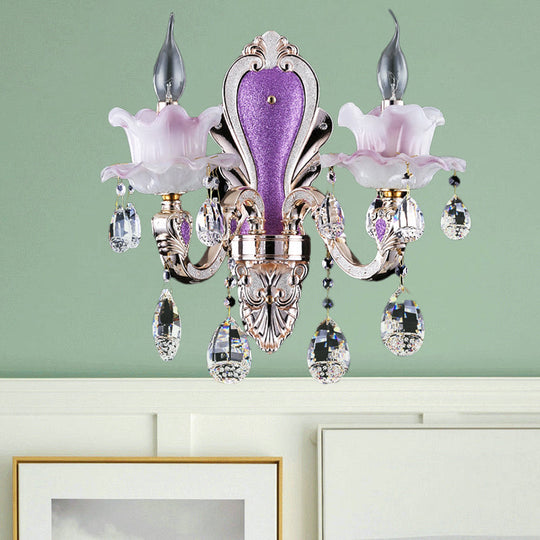 Modern Frosted Glass Purple Wall Sconce Light With Teardrop Crystal Drops - Ruffle Design