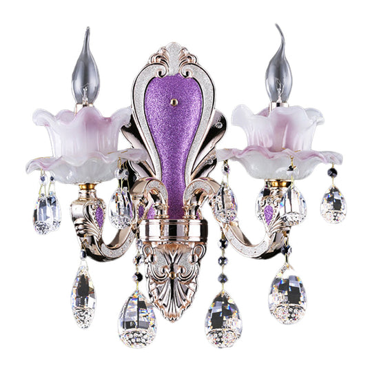 Modern Frosted Glass Purple Wall Sconce Light With Teardrop Crystal Drops - Ruffle Design