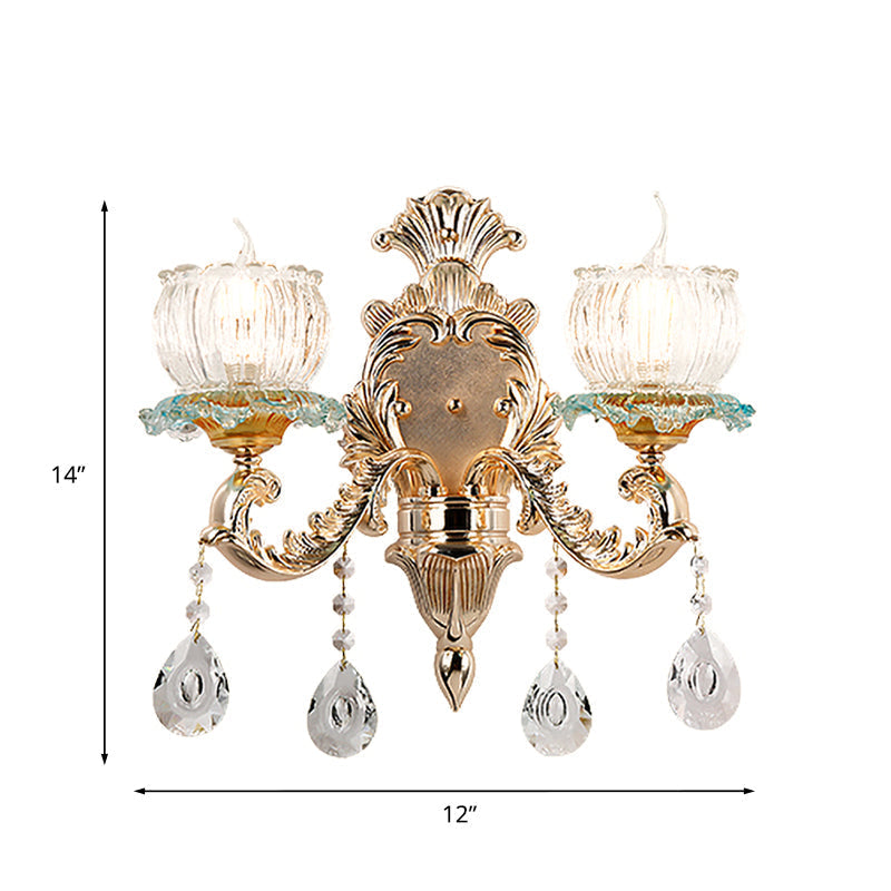 Traditional 2-Light Crystal Wall Mount Lamp In Gold - Elegant Restaurant Lighting