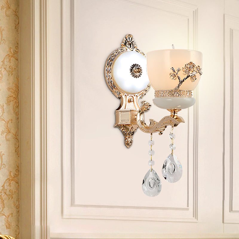 Rustic Gold Wall Sconce With Flower-Embossed Bowl And Frosted Glass - Crystal Accent 1 /