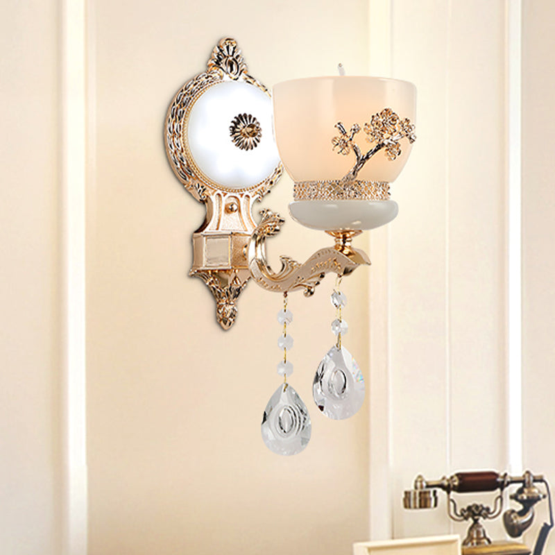 Rustic Gold Wall Sconce With Flower-Embossed Bowl And Frosted Glass - Crystal Accent