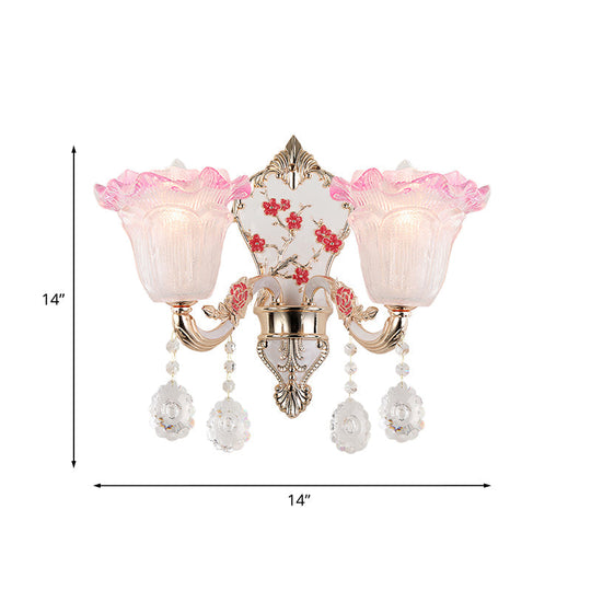Ruffle Glass Sconce Lamp With Crystal Accents - Modern Pink-White Wall Light Fixture (2 Pack)