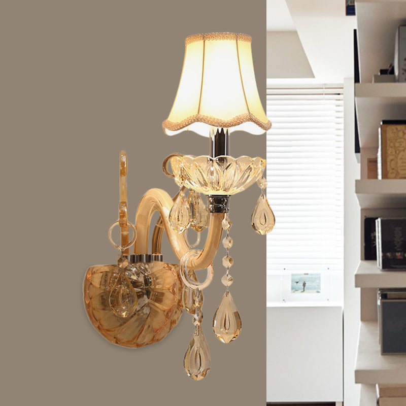 Traditional Amber Glass Candle Wall Sconce With Scalloped Fabric Shade - Bedroom Lighting