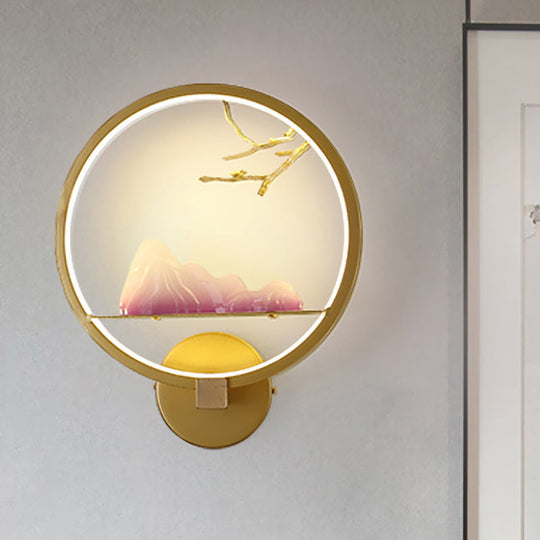 Gold Oriental Led Bedside Wall Light With Mountain And Branch Mural