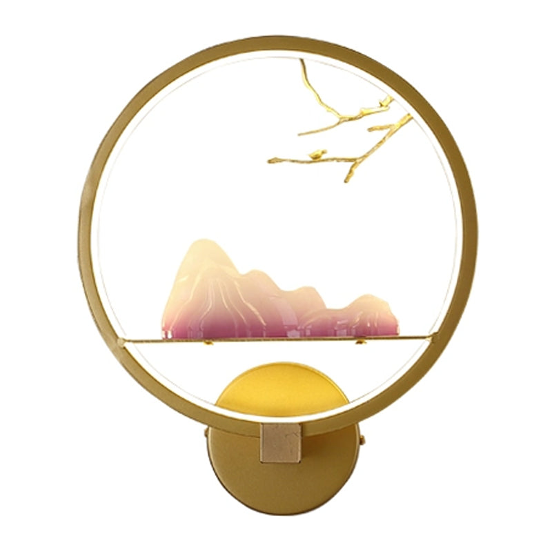 Gold Oriental Led Bedside Wall Light With Mountain And Branch Mural