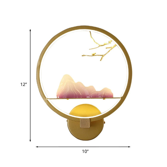 Gold Oriental Led Bedside Wall Light With Mountain And Branch Mural