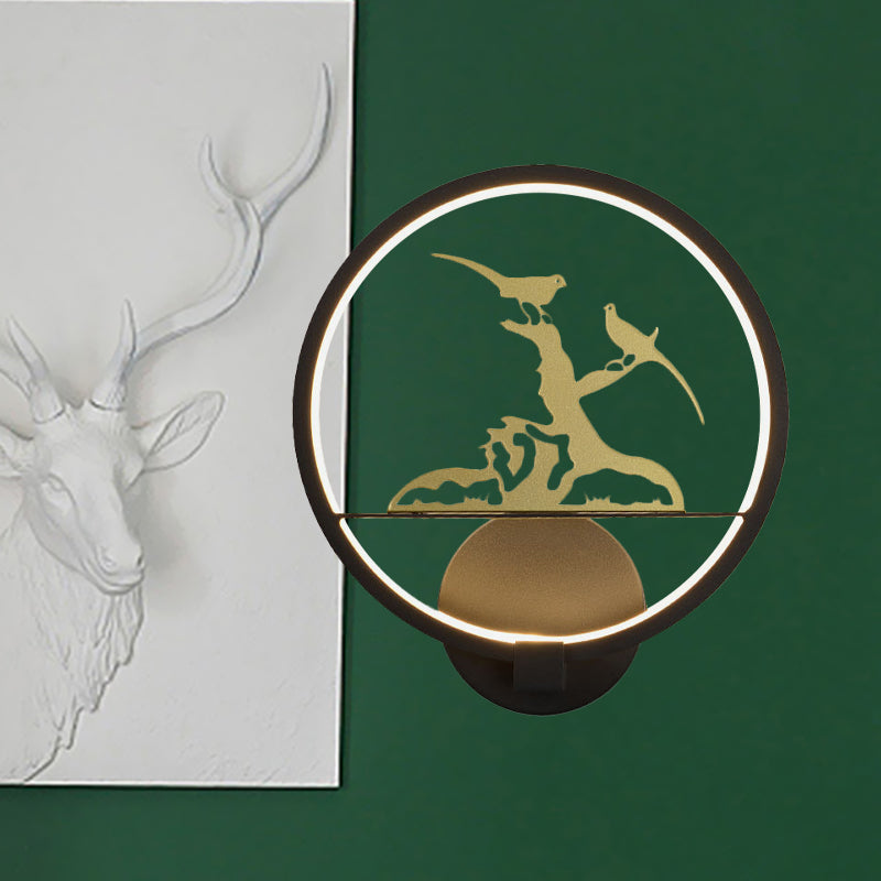 Chinese Style Led Wall Lamp With Bird Pattern And Metallic Finish For Bedroom