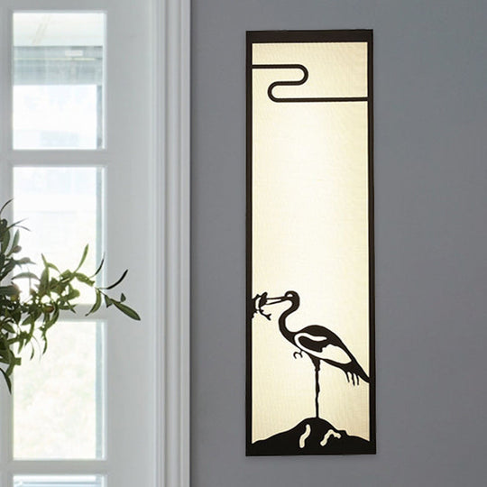 Bedroom Crane Wall Mounted Lamp - Oriental Style Black With Cuboid Fabric Shade 3-Light