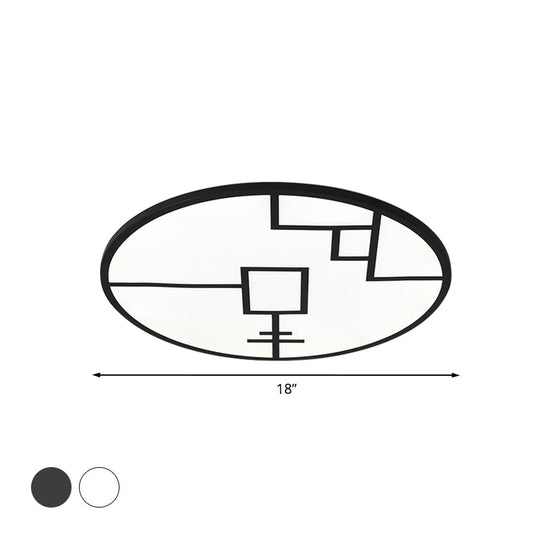 Modern Round Flush Mount Led Bedroom Light In White/Black Metallic With Pattern