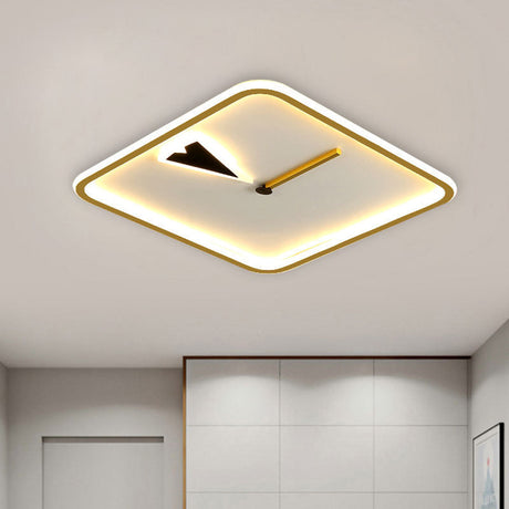 Modern Acrylic Led Bedroom Flushmount With Clock Design - Round/Square Black/Gold
