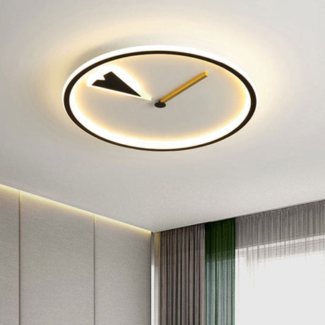 Modern Acrylic Led Bedroom Flushmount With Clock Design - Round/Square Black/Gold