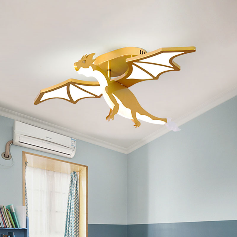 Gold Cartoon Pterosaur Kids Led Semi - Flush Lamp For Bedroom