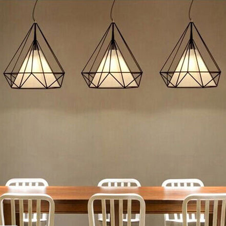 Modern Black Wire Cage Pendant With Fabric Shade For Dining Room Lighting