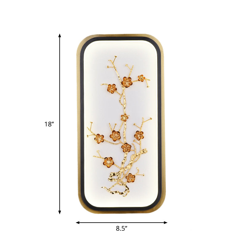 Metallic Gold Led Wall Mounted Light Fixture - Oriental Style Plum Blossom Mural Design