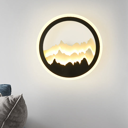 Contemporary Round Acrylic Mountain Mural Led Wall Light Black
