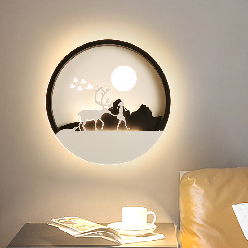 Circular Acrylic Wall Lamp With Elk Deer Pattern In Minimal Black - Led Mount Light