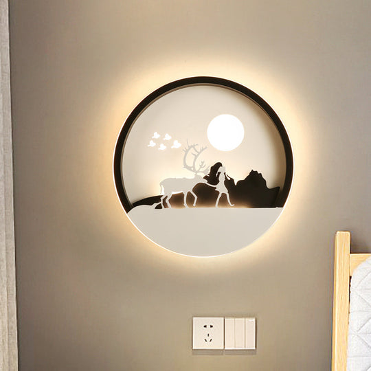 Circular Acrylic Wall Lamp With Elk Deer Pattern In Minimal Black - Led Mount Light