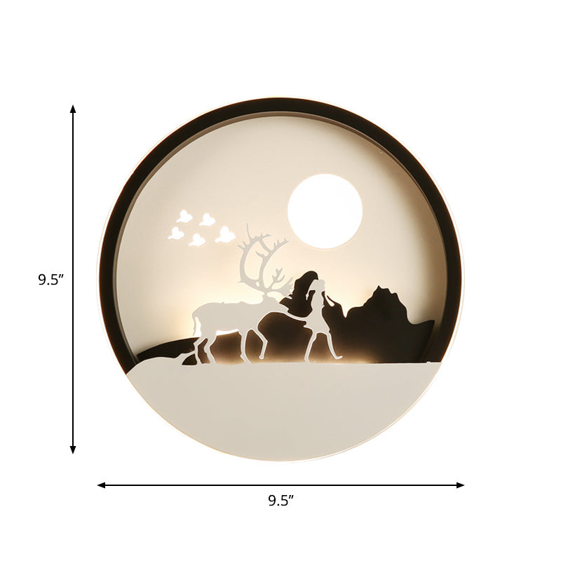 Circular Acrylic Wall Lamp With Elk Deer Pattern In Minimal Black - Led Mount Light