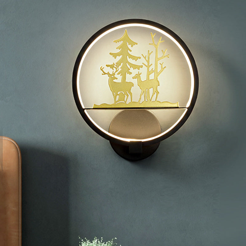 Led Elk Patterned Wall Mural Light: Minimalist Black Lighting Idea With Metallic Shade