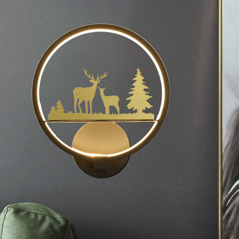 Led Elk Patterned Wall Mural Light: Minimalist Black Lighting Idea With Metallic Shade