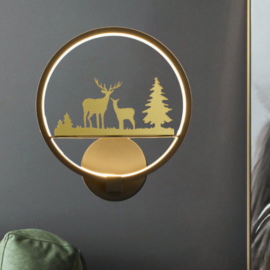 Led Elk Patterned Wall Mural Light: Minimalist Black Lighting Idea With Metallic Shade
