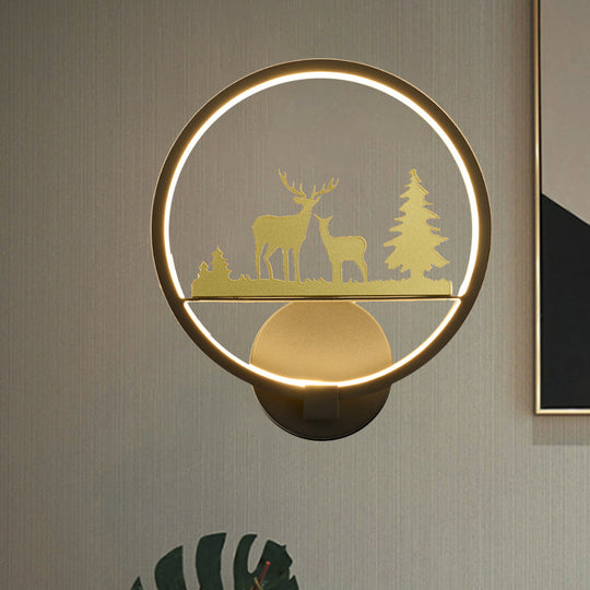 Led Elk Patterned Wall Mural Light: Minimalist Black Lighting Idea With Metallic Shade