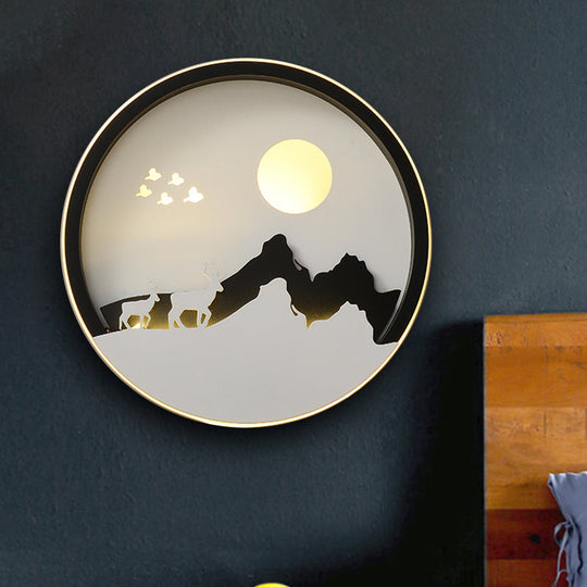 Modern Black Acrylic Led Wall Mount Lamp With Mountain And Sun Pattern For Living Room