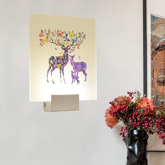 Square Led Wall Mount Light In Simple Style - Purple/Pink/Yellow With Deer/Blossom/Tree Pattern For