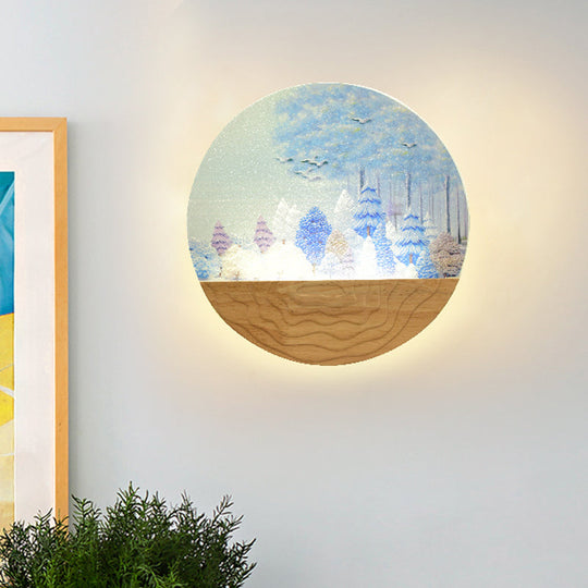 Minimalist Wood-Mounted Led Wall Mural Lamp With Acrylic Circular Shape Tree/Elk Pattern Wood / Tree