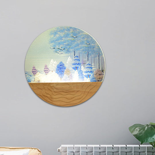 Minimalist Wood-Mounted Led Wall Mural Lamp With Acrylic Circular Shape Tree/Elk Pattern