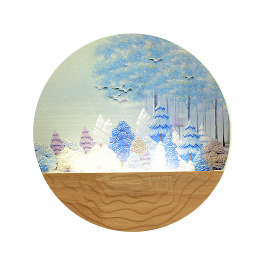 Minimalist Wood-Mounted Led Wall Mural Lamp With Acrylic Circular Shape Tree/Elk Pattern