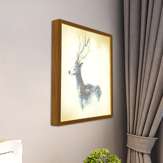 Minimalist Led Wood Wall Mounted Mural Lamp With Deer Pattern - 12/16 Metallic Square Width / 12