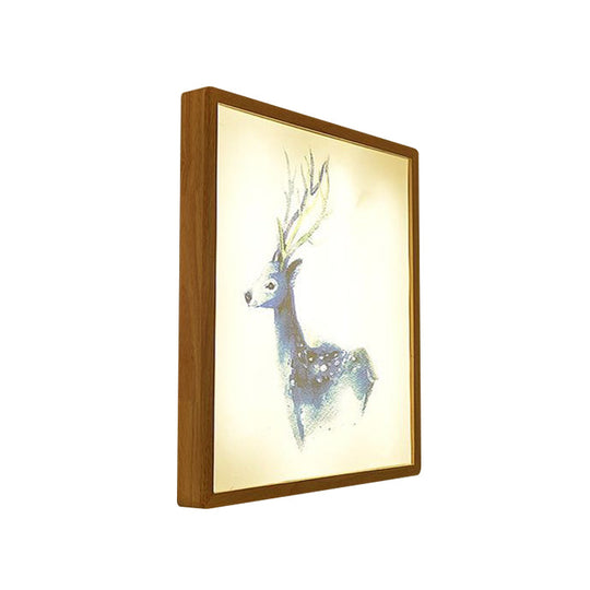 Minimalist Led Wood Wall Mounted Mural Lamp With Deer Pattern - 12/16 Metallic Square Width