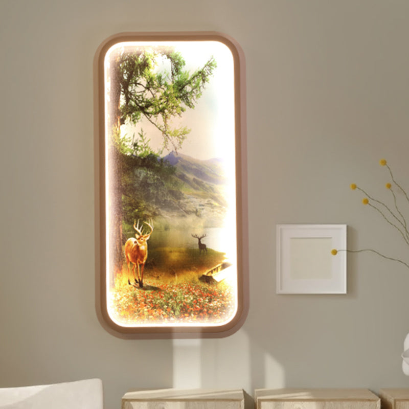 Gold Metal Led Wall Mount Lamp: Minimalist Rectangle With Forest And Deer Pattern