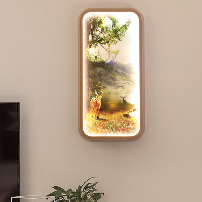 Gold Metal Led Wall Mount Lamp: Minimalist Rectangle With Forest And Deer Pattern
