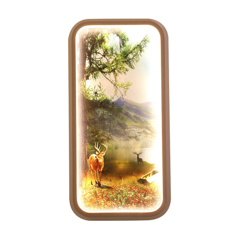 Gold Metal Led Wall Mount Lamp: Minimalist Rectangle With Forest And Deer Pattern