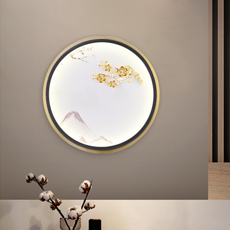 Gold Oriental Led Mural Lamp: Metallic Rounded Plum Blossom Wall Lighting For Hallway