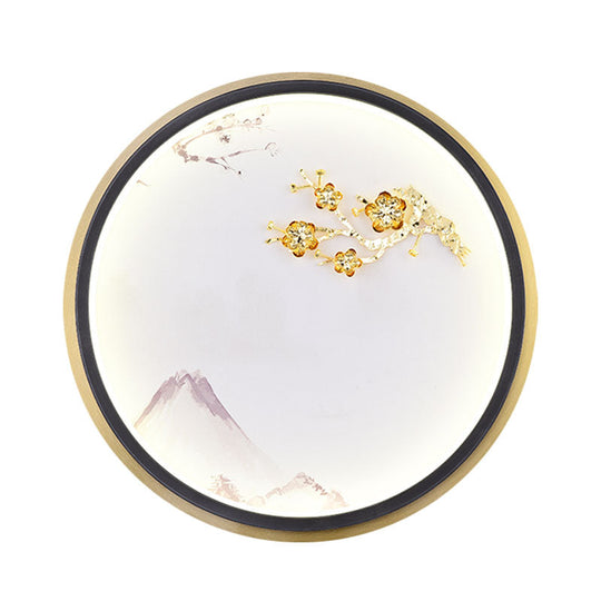 Gold Oriental Led Mural Lamp: Metallic Rounded Plum Blossom Wall Lighting For Hallway