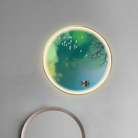 Led Green Oriental Mural Wall Lamp With Circular Metallic Panel And Branch-Boat Pattern