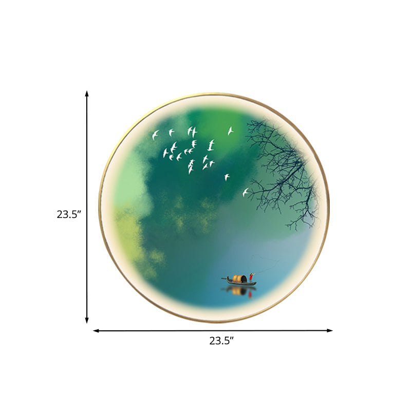 Led Green Oriental Mural Wall Lamp With Circular Metallic Panel And Branch-Boat Pattern