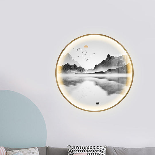 Gold Asia Style Led Wall Lamp With River And Mountain Pattern