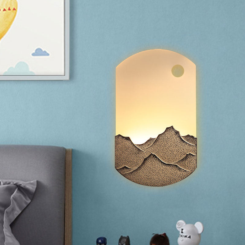 Chinese Style Led Oval Wall Mural Light - Silver/Brown Acrylic Mount With Mountain Pattern For