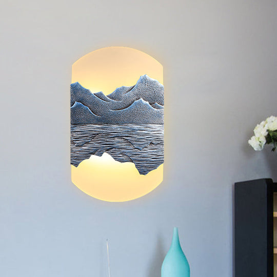 Elegant Oval Corridor Mountain Wall Mural Led Oriental Style Light Fixture In Silver/Brown Silver /