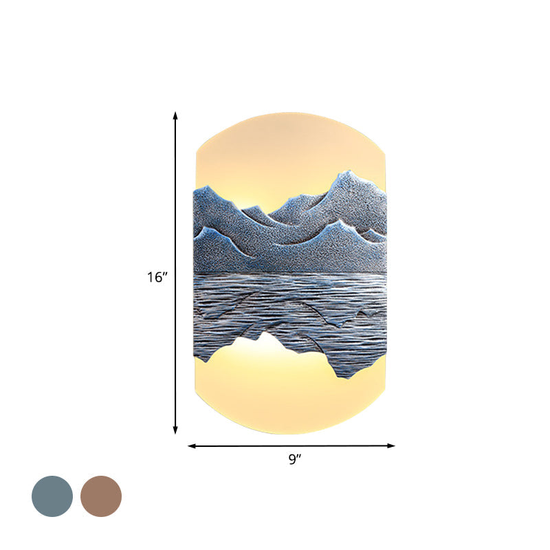 Elegant Oval Corridor Mountain Wall Mural Led Oriental Style Light Fixture In Silver/Brown